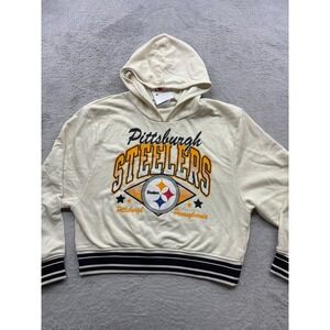 Champion Pittsburgh Steelers Womens Small Cropped Hoodie Cream Striped Hem NEW